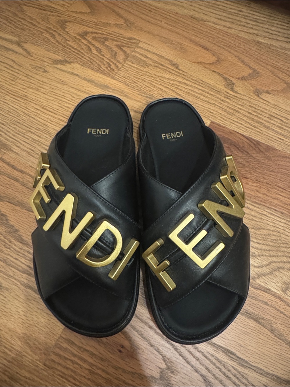 Source Unknown Fendi Black Leather Slide Sandals with Gold Logo